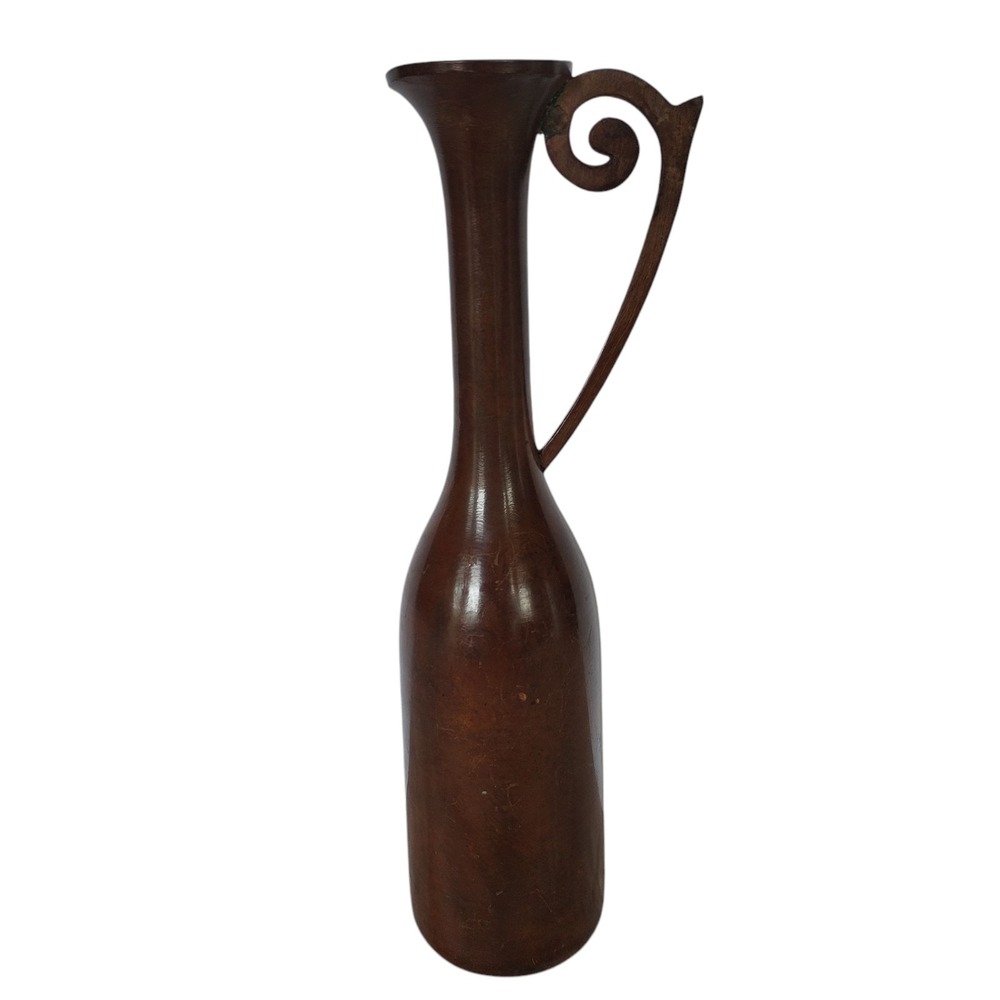 Vintage Metal Bud Vase 12" Tall Brown Heavyweight With Handle